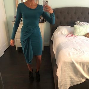 BCBGMaxAzria long sleeve green/blue draped dress